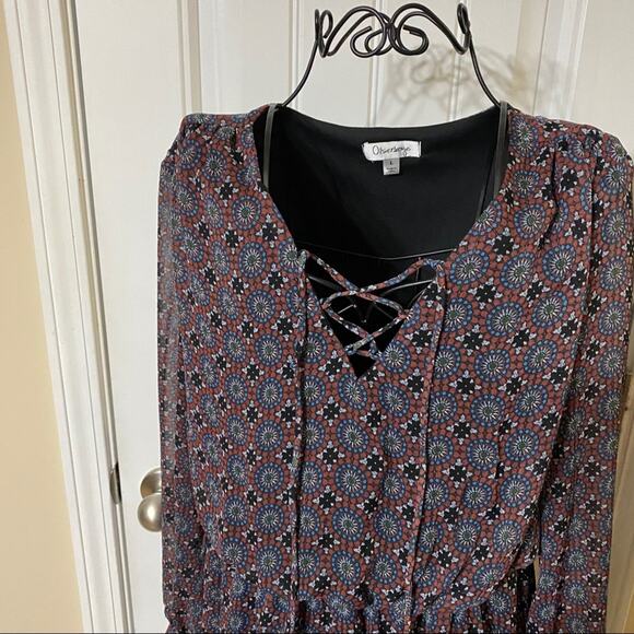 OLSENBOYE Dress Size Large Blue  Red Geometric Print V-Neck Long Sleeve Lined - Picture 5 of 11